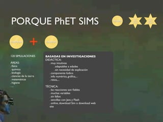 PORQUE PhET SIMS Gratuito 
CANTIDAD CALIDAD 
BASADAS EN INVESTIGACIONES 
DIDÁCTICA: 
. muy intuitivas 
. adaptables a edades 
. sin necesidad de explicación 
. componente lúdico 
. info numérica, gráfica,... 
. retos,... 
TÉCNICA: 
. las reacciones son fiables 
. muchas variables 
. sin fallos 
. sencillas: con Java y Flash 
. online, download Sim o download web 
site 
120 SIMULACIONES 
ÁREAS: 
. física 
. química 
. biología 
. ciencias de la tierra 
. matemáticas 
. higiene 
. ... 
2011 
TECH 
AWARD 
2015 
BETT 
AWARD 
+ 
 
