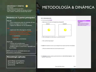 METODOLOGÍA & DINÁMICA GRAVEDAD Y ÓRBITAS 
Emily Moore 
Kathy Perkins directora de PhET 
Christine Denison, maestra de ciencias of Grade 5 
Trish Loeblein, maestra de ciencias High School 
Dinámica en 3 partes principales: 
PRELAB: 
- hacer predicciones antes de comenzar, de esta 
manera se integran en el proceso. 
- repasar los objetivos con los estudiantes 
LAB: 
- exploración libre del programa (5mins) 
- exploración guiada: preguntas, challenges, 
comparaciones, reflexiones, posibles 
explicaciones, representaciones gráficas. 
- 1. movimiento 
- 2. gravedad 
- 3. gravedad y movimiento 
POSTLAB: 
- revisión de las predicciones 
- constataciones sobre lo aprendido 
- feedback sobre lo constructivo y agradable que 
fue el trabajo 
NB: Partición de las actividades: pausas para 
discusiones e intercambios. 
Metodología aplicada: 
- aprendizaje participativo 
- aprendizaje significativo 
- autonomía 
 