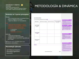 METODOLOGÍA & DINÁMICA GRAVEDAD Y ÓRBITAS 
Emily Moore 
Kathy Perkins directora de PhET 
Christine Denison, maestra de ciencias of Grade 5 
Trish Loeblein, maestra de ciencias High School 
Dinámica en 3 partes principales: 
PRELAB: 
- hacer predicciones antes de comenzar, de esta 
manera se integran en el proceso. 
- repasar los objetivos con los estudiantes 
LAB: 
- exploración libre del programa (5mins) 
- exploración guiada: preguntas, challenges, 
comparaciones, reflexiones, posibles 
explicaciones, representaciones gráficas. 
- 1. movimiento 
- 2. gravedad 
- 3. gravedad y movimiento 
POSTLAB: 
- revisión de las predicciones 
- constataciones sobre lo aprendido 
- feedback sobre lo constructivo y agradable que 
fue el trabajo 
NB: Partición de las actividades: pausas para 
discusiones e intercambios. 
Metodología aplicada: 
- aprendizaje participativo 
- aprendizaje significativo 
- autonomía 
 