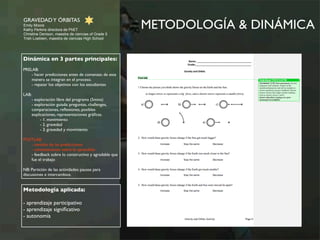 METODOLOGÍA & DINÁMICA GRAVEDAD Y ÓRBITAS 
Emily Moore 
Kathy Perkins directora de PhET 
Christine Denison, maestra de ciencias of Grade 5 
Trish Loeblein, maestra de ciencias High School 
Dinámica en 3 partes principales: 
PRELAB: 
- hacer predicciones antes de comenzar, de esta 
manera se integran en el proceso. 
- repasar los objetivos con los estudiantes 
LAB: 
- exploración libre del programa (5mins) 
- exploración guiada: preguntas, challenges, 
comparaciones, reflexiones, posibles 
explicaciones, representaciones gráficas. 
- 1. movimiento 
- 2. gravedad 
- 3. gravedad y movimiento 
POSTLAB: 
- revisión de las predicciones 
- constataciones sobre lo aprendido 
- feedback sobre lo constructivo y agradable que 
fue el trabajo 
NB: Partición de las actividades: pausas para 
discusiones e intercambios. 
Metodología aplicada: 
- aprendizaje participativo 
- aprendizaje significativo 
- autonomía 
 