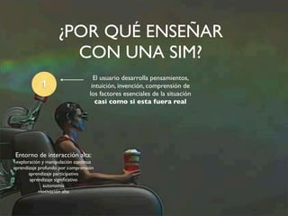 ¿POR QUÉ ENSEÑAR 
CON UNA SIM? 
El usuario desarrolla pensamientos, 
intuición, invención, comprensión de 
los factores esenciales de la situación 
casi como si esta fuera real 
1 
Entorno de interacción alta: 
exploración y manipulación continua 
aprendizaje profundo por comprensión 
aprendizaje participativo 
aprendizaje significativo 
autonomía 
motivación alta 
 
