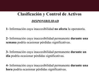 Clasificación y Control de Activos
                   DISPONIBILIDAD

1- Información cuya inaccesibilidad no afecta la operatoria.

2- Información cuya inaccesibilidad permanente durante una
semana podría ocasionar pérdidas significativas.

3- Información cuya inaccesibilidad permanente durante un
día podría ocasionar pérdidas significativas.

4- Información cuya inaccesibilidad permanente durante una
hora podría ocasionar pérdidas significativas.
 