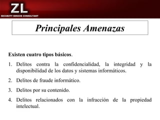 Principales Amenazas

Existen cuatro tipos básicos.
1. Delitos contra la confidencialidad, la integridad y la
   disponibilidad de los datos y sistemas informáticos.
2. Delitos de fraude informático.
3. Delitos por su contenido.
4. Delitos relacionados con la infracción de la propiedad
   intelectual.
 