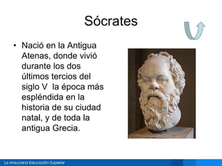 Sócrates
• Nació en la Antigua
Atenas, donde vivió
durante los dos
últimos tercios del
siglo V la época más
espléndida en la
historia de su ciudad
natal, y de toda la
antigua Grecia.
 