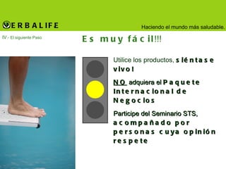 Es muy fácil !!! IV .- El siguiente Paso Utilice los productos,  siéntase vivo! NO  adquiera el  Paquete Internacional de Negocios Participe del Seminario STS,  acompañado por personas cuya opinión respete 