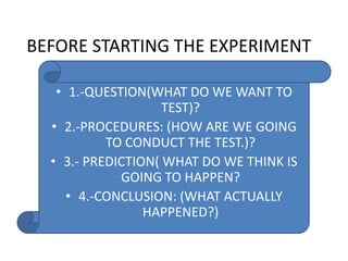 BEFORE STARTING THE EXPERIMENT
• 1.-QUESTION(WHAT DO WE WANT TO
TEST)?
• 2.-PROCEDURES: (HOW ARE WE GOING
TO CONDUCT THE TEST.)?
• 3.- PREDICTION( WHAT DO WE THINK IS
GOING TO HAPPEN?
• 4.-CONCLUSION: (WHAT ACTUALLY
HAPPENED?)
 