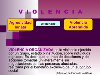 VIOLENCIA ORGANIZADA es la violencia ejercida
por un grupo, estado o institución, sobre individuos
o grupos. Es decir que se trata de decisiones y de
acciones tomadas unilateralmente sin
negociaciones con las personas afectadas,
realizada por el beneficio exclusivo de un subgrupo
social
V I O L E N C I A
DiferenciarAgresividad
Innata
Violencia
Aprendida
(definición de Elena de la Aldea)
 