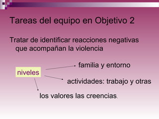 Tareas del equipo en Objetivo 2
Tratar de identificar reacciones negativas
que acompañan la violencia
actividades: trabajo y otras
los valores las creencias.
niveles
familia y entorno
 