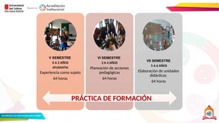 V SEMESTRE
0 A 2 AÑOS
AYUDANTIA
Experiencia como sujeto
64 horas
VI SEMESTRE
3 A 4 AÑOS
Planeación de acciones
pedagógicas
64 horas
VII SEMESTRE
5 A 6 AÑOS
Elaboración de unidades
didácticas
64 horas
PRÁCTICA DE FORMACIÓN
 