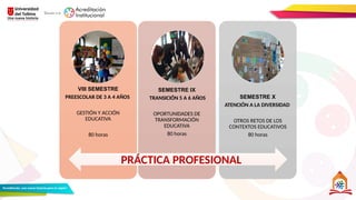 VIII SEMESTRE
PREESCOLAR DE 3 A 4 AÑOS
GESTIÓN Y ACCIÓN
EDUCATIVA
80 horas
SEMESTRE IX
TRANSICIÓN 5 A 6 AÑOS
OPORTUNIDADES DE
TRANSFORMACIÓN
EDUCATIVA
80 horas
SEMESTRE X
ATENCIÓN A LA DIVERSIDAD
OTROS RETOS DE LOS
CONTEXTOS EDUCATIVOS
80 horas
PRÁCTICA PROFESIONAL
 