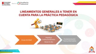Grupo de Edad
Prácticas
Institucionalizadas
Horas In situ
Fundamentación
Teórica/Normativa
LINEAMIENTOS GENERALES A TENER EN
CUENTA PARA LA PRÁCTICA PEDAGÓGICA
 