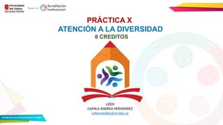 PRÁCTICA X
ATENCIÓN A LA DIVERSIDAD
8 CREDITOS
LIDER
CAMILA ANDREA HERNÁNDEZ
cahernandez@ut.edu.co
 