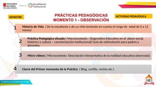 PRÁCTICAS PEDAGÓGICAS
MOMENTO 1 - OBSERVACIÓN
Historia de Vida ( De la estudiante y de un niño teniendo en cuenta el rango de edad de 0 a 12
meses)
Práctica Pedagógica situada ( Macrocontexto - Diagnostico Educativo en el plano social,
histórico y cultura – caracterización Institucional) Guía de estimulación para padres y
docentes.
Micro videos ( Microcontexto -Descripción interpretativa de la realidad educativa observada)
Cierre del Primer momento de la Práctica ( Blog, cartilla, revista etc.)
SEMESTRE ACTIVIDAD PEDAGÓGICA
 