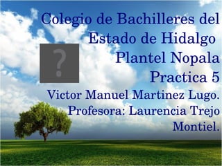 Colegio de Bachilleres del 
      Estado de Hidalgo 
           Plantel Nopala
               Practica 5
Victor Manuel Martinez Lugo.
    Profesora: Laurencia Trejo 
                     Montiel.
 