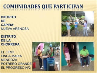 DISTRITO
DE
CAPIRA:
NUEVA ARENOSA

DISTRITO
DE LA
CHORRERA

EL LIRIO
FINCA MARIA
MENDOZA
POTRERO GRANDE
EL PROGRESO Nº2
 