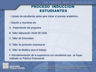 PROCESO INDUCCIÓN
                        ESTUDIANTES
- Listado de estudiantes aptos para iniciar el proceso académico.

- Citación a reuniones de:

A. Presentación del programa

B. Taller elaboración HOJA DE VIDA

C. Taller de Entrevistas

D. Taller de protocolo empresarial

E. Taller de Bioética para el trabajo

F. Retroalimentación de la experiencia con estudiantes que ya hayan
realizado su Práctica Empresarial.
 