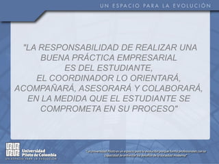 "LA RESPONSABILIDAD DE REALIZAR UNA
     BUENA PRÁCTICA EMPRESARIAL
          ES DEL ESTUDIANTE,
    EL COORDINADOR LO ORIENTARÁ,
ACOMPAÑARÁ, ASESORARÁ Y COLABORARÁ,
  EN LA MEDIDA QUE EL ESTUDIANTE SE
     COMPROMETA EN SU PROCESO"
 