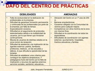 DAFO DEL CENTRO DE PRÁCTICAS   UOC  Julio, Ampuero Fernández  JUNIO-2.011 Ubicación del Centro en un 1º piso de 250 m. Barreras arquitectónicas Consenso obligado con la Comunidad de vecinos para cualquier mejora. Competencia con otros Centros de la zona con mismos fines. Dificultad en la coordinación de todos los especialistas. Dificultades de coordinación con agentes  externos: ayuntamiento, hospitales, Centros educativos y familias Falta de exclusividad en la dedicación de profesionales en la empresa. Dificultad de garantizar formación permanente y continuada de los profesionales por parte de la empresa, por falta de tiempo. Especialización excesiva. Dificultad en el seguimiento de protocolos estandarizados debido a la multiplicidad de usuarios, por lo que tienen que revisarse continuamente. Mezcla de usuarios de distintas edades en la zona común de recepción. Dificultad de asistencia y de implicación de los agentes externos: padres, familiares, profesores, médicos...en las escuelas y talleres, lo que dificulta la operatividad de las terapias. Dificultad de establecer unos criterios para conseguir los objetivos terapéuticos, Y pedagógicos fuera del Centro por la falta de implicación o recursos de agentes externos: servicios sociales, sanitarios, educativos... AMENAZAS DEBILIDADES 