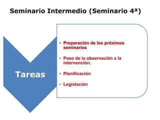 Seminario Intermedio (Seminario 4ª)
Tareas
• Preparación de los próximos
seminarios
• Paso de la observación a la
intervención.
• Planificación
• Legislación
 