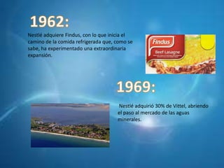 Nestlé adquiere Findus, con lo que inicia el
camino de la comida refrigerada que, como se
sabe, ha experimentado una extraordinaria
expansión.
Nestlé adquirió 30% de Vittel, abriendo
el paso al mercado de las aguas
minerales.
 