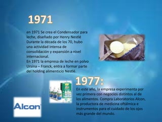 en 1971 Se crea el Condensador para
leche, diseñado por Henry Nestlé
Durante la década de los 70, hubo
una actividad intensa de
consolidación y expansión a nivel
internacional.
En 1971 la empresa de leche en polvo
Ursina – Franck, entra a formar parte
del holding alimenticio Nestlé.
En este año, la empresa experimenta por
vez primera con negocios distintos al de
los alimentos. Compra Laboratorios Alcon,
la productora de medicina oftálmica e
instrumentos para el cuidado de los ojos
más grande del mundo.
 