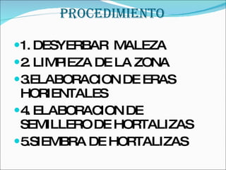 PROCEDIMIENTO 1. DESYERBAR  MALEZA  2. LIMPIEZA DE LA ZONA 3.ELABORACION DE ERAS HORIENTALES 4. ELABORACION DE SEMILLERO DE HORTALIZAS 5.SIEMBRA DE HORTALIZAS 