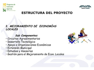 ESTRUCTURA DEL PROYECTO 2.  MEJORAMIENTO DE  ECONOMÍAS LOCALES Sub Componentes : Circuitos Agroalimentarios  Desarrollo Tecnológico Apoyo a Organizaciones Económicas Extensión Municipal Estudios y Asesorías Gestión para el Mejoramiento de Econ. Locales 