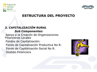 ESTRUCTURA DEL PROYECTO 3 . CAPITALIZACIÓN RURAL Sub Componentes: Apoyo a la Creación de Organizaciones Financieras Locales Fondos de Capitalización: Fondo de Capitalización Productiva No R. Fondo de Capitalización Social No R. Gestión Financiera 