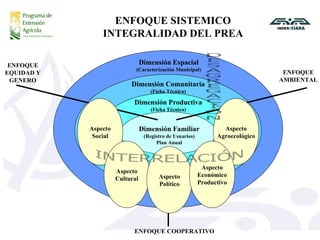 ENFOQUE SISTEMICO INTEGRALIDAD DEL PREA Dimensión Espacial (Caracterización Municipal) Dimensión Comunitaria (Ficha Técnica) Dimensión Productiva (Ficha Técnica) Dimensión Familiar (Registro de Usuarios) Plan Anual ENFOQUE COOPERATIVO ENFOQUE AMBIENTAL ENFOQUE EQUIDAD Y GENERO Aspecto Social Aspecto Cultural Aspecto Político Aspecto Agroecológico Aspecto Económico Productivo INTERRELACIÓN DESAGREGACIÓN 