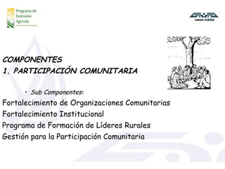 COMPONENTES 1. PARTICIPACIÓN COMUNITARIA Sub Componentes : Fortalecimiento de Organizaciones Comunitarias Fortalecimiento Institucional Programa de Formación de Líderes Rurales Gestión para la Participación Comunitaria 