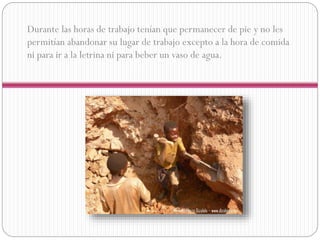 Durante las horas de trabajo tenían que permanecer de pie y no les
permitían abandonar su lugar de trabajo excepto a la hora de comida
ni para ir a la letrina ni para beber un vaso de agua.

 