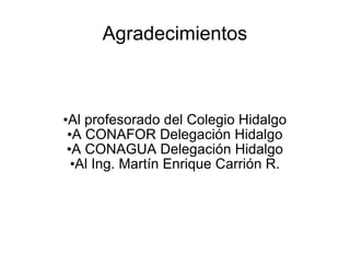 Agradecimientos Al profesorado del Colegio Hidalgo A CONAFOR Delegación Hidalgo A CONAGUA Delegación Hidalgo Al Ing. Martín Enrique Carrión R. 