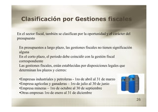 Clasificación por Gestiones fiscales

En el sector fiscal, también se clasifican por la oportunidad y el carácter del
presupuesto

 En presupuestos a largo plazo, las gestiones fiscales no tienen significación
 alguna
 En el corto plazo, el periodo debe coincidir con la gestión fiscal
 correspondiente
 Las gestiones fiscales, están establecidas por disposiciones legales que
 determinan los plazos y cierres:

 •Empresas industriales y petroleras - 1ro de abril al 31 de marzo
 •Empresa agrícolas y ganaderas – 1ro de julio al 30 de junio
 •Empresa mineras – 1ro de octubre al 30 de septiembre
 •Otras empresas 1ro de enero al 31 de diciembre
                                                                                  26
 