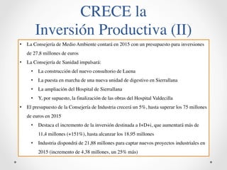 CRECE la 
Inversión Productiva (II) 
• La Consejería de Medio Ambiente contará en 2015 con un presupuesto para inversiones 
de 27,8 millones de euros 
• La Consejería de Sanidad impulsará: 
• La construcción del nuevo consultorio de Luena 
• La puesta en marcha de una nueva unidad de digestivo en Sierrallana 
• La ampliación del Hospital de Sierrallana 
• Y, por supuesto, la finalización de las obras del Hospital Valdecilla 
• El presupuesto de la Consejería de Industria crecerá un 5%, hasta superar los 75 millones 
de euros en 2015 
• Destaca el incremento de la inversión destinada a I+D+i, que aumentará más de 
11,4 millones (+151%), hasta alcanzar los 18,95 millones 
• Industria dispondrá de 21,88 millones para captar nuevos proyectos industriales en 
2015 (incremento de 4,38 millones, un 25% más) 
 