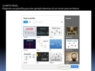 CUARTO PASO:
Elegimos una plantilla para este ejemplo daremos clic en iniciar prezi en blanco

 