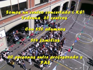 Somos un centro concertado ( KE)Somos un centro concertado ( KE)
Vedruna 65 centrosVedruna 65 centros
Con 820 alumnosCon 820 alumnos
514 familias514 familias
60 personas entre profesorado y60 personas entre profesorado y
PASPAS
 