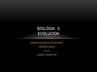 BIOLOGIA II
EVOLUCION
SANDRA SELENE REYES GALINDO
PRIMERA UNIDAD
U.P.A.V
CUARTO TRIMESTRE

 