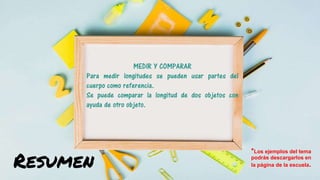 Resumen
MEDIR Y COMPARAR
Para medir longitudes se pueden usar partes del
cuerpo como referencia.
Se puede comparar la longitud de dos objetos con
ayuda de otro objeto.
*Los ejemplos del tema
podrás descargarlos en
la página de la escuela.
 