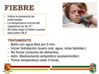 - Indica la presencia de
enfermedad
- La temperatura normal del
organismo es de 37°
- Se debe bajar la fiebre cuando
esta sobre 38.5°
TRATAMIENTO
- Baño con agua tibia por 5 min.
- Iniciar hidratación (suero oral, agua, otras bebidas.)
- No forzar consumo de alimentos.
- Adm. Medicamento antipirético (acetaminofén)
- Tomar temperatura cada 3 horas.
 