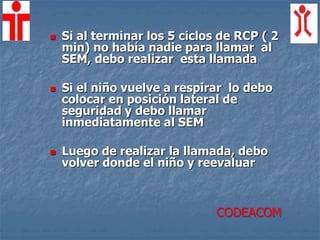  Si al terminar los 5 ciclos de RCP ( 2
min) no había nadie para llamar al
SEM, debo realizar esta llamada
 Si el niño vuelve a respirar lo debo
colocar en posición lateral de
seguridad y debo llamar
inmediatamente al SEM
 Luego de realizar la llamada, debo
volver donde el niño y reevaluar
CODEACOM
 