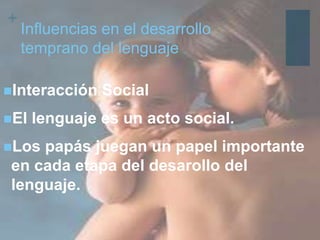 +
Influencias en el desarrollo
temprano del lenguaje
Interacción Social
El lenguaje es un acto social.
Los papás juegan un papel importante
en cada etapa del desarollo del
lenguaje.
 
