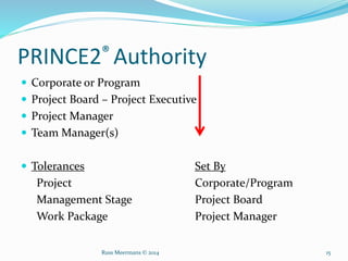 PRINCE2® Authority
 Corporate or Program
 Project Board – Project Executive
 Project Manager
 Team Manager(s)
 Tolerances Set By
Project Corporate/Program
Management Stage Project Board
Work Package Project Manager
Russ Meermans © 2014 15
 