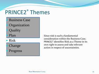 PRINCE2® Themes
 Business Case
 Organization
 Quality
 Plan
 Risk
 Change
 Progress
Since risk is such a fundamental
consideration within the Business Case,
PRINCE2® identifies Risk as a Theme in its
own right to assess and take relevant
action in respect of uncertainties.
Russ Meermans © 2014 25
 