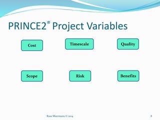 PRINCE2® Project Variables
Cost Timescale Quality
Scope Risk Benefits
Russ Meermans © 2014 8
 