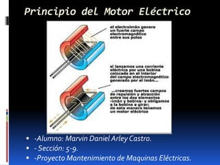 Principio del Motor Eléctrico 
 -Alumno: Marvin Daniel Arley Castro. 
 - Sección: 5-9. 
 -Proyecto Mantenimiento de Maquinas Eléctricas. 
 
