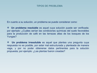 En cuanto a su solución, un problema se puede considerar como: Un problema resoluble  es aquel cuya solución puede ser verificada; por ejemplo: ¿Cuáles serían las condiciones químicas del suelo favorables para la producción de café en las terrazas altas de los bosques de los Yungas? Un problema irresoluble  es aquel que plantea una pregunta cuya respuesta no es posible, por estar mal estructurada y planteada de manera vaga, y por no poder obtenerse datos pertinentes para la solución propuesta; por ejemplo: ¿Las plantas fueron creadas?  TIPOS DE PROBLEMA 