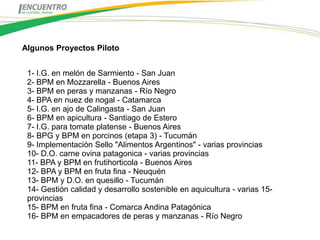 Algunos Proyectos Piloto


 1- I.G. en melón de Sarmiento - San Juan
 2- BPM en Mozzarella - Buenos Aires
 3- BPM en peras y manzanas - Río Negro
 4- BPA en nuez de nogal - Catamarca
 5- I.G. en ajo de Calingasta - San Juan
 6- BPM en apicultura - Santiago de Estero
 7- I.G. para tomate platense - Buenos Aires
 8- BPG y BPM en porcinos (etapa 3) - Tucumán
 9- Implementación Sello "Alimentos Argentinos" - varias provincias
 10- D.O. carne ovina patagonica - varias provincias
 11- BPA y BPM en frutihorticola - Buenos Aires
 12- BPA y BPM en fruta fina - Neuquén
 13- BPM y D.O. en quesillo - Tucumán
 14- Gestión calidad y desarrollo sostenible en aquicultura - varias 15-
 provincias
 15- BPM en fruta fina - Comarca Andina Patagónica
 16- BPM en empacadores de peras y manzanas - Río Negro
 