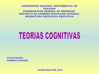 UNIVERSIDAD NACIONAL EXPERIMENTAL DE
GUAYANA
COORDINACIÓN GENERAL DE PREGRADO
PROYECTO DE CARRERA EDUCACIÓN INTEGRAL
ASIGNATURA PSICOLOGIA EDUCATIVA

FACILITADORA:
XIOMARA SANCHEZ

CIUDAD BOLIVAR, 2012

 