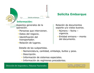 Declarante
                                            Solicita Embarque
          Solicita embarque


Información:
Aspectos generales de la                   Relación de documentos
operación.                                 soporte y/o vistos buenos.
  Personas que intervienen.                 Número – fecha –
  Datos del negocio.                         vigencia.
  Identificación del                        Entidad emisora – monto
   transportador.                             del documento.
  Relación de lugares.

  Detalle de las subpartidas.
     Nomenclatura, cantidad, embalaje, bultos y peso.
     Descripción.
     Información de sistemas especiales.
     Información de regímenes precedentes.
 