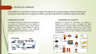 PROCESO DE LAMINADO
El laminado es un proceso en el que se reduce el espesor de una pieza larga a través de fuerzas de
compresión ejercidas por un juego de rodillos, que giran apretando y halando la pieza entre ellos.
LAMINADO EN FRIO LAMINADO EN CALIENTE
Las chapas laminadas en caliente son sometidas a
un proceso de laminación en frío donde se
obtiene la reducción de su espesor, mejor aspecto
superficial y mayor dureza debido a que no
reciben tratamiento térmico. Son utilizadas
principalmente en la fabricación de techos.
Mediante el proceso de laminación en caliente se
fabrican las varillas de hierro corrugado del Rayo.
Posteriormente la materia prima, denominada lingote o
palanquilla, es calentada dentro de un horno hasta
elevarla a una temperatura promedio de 1150 °C. A esta
temperatura el acero se vuelve maleable y está listo para
ser procesado.
 